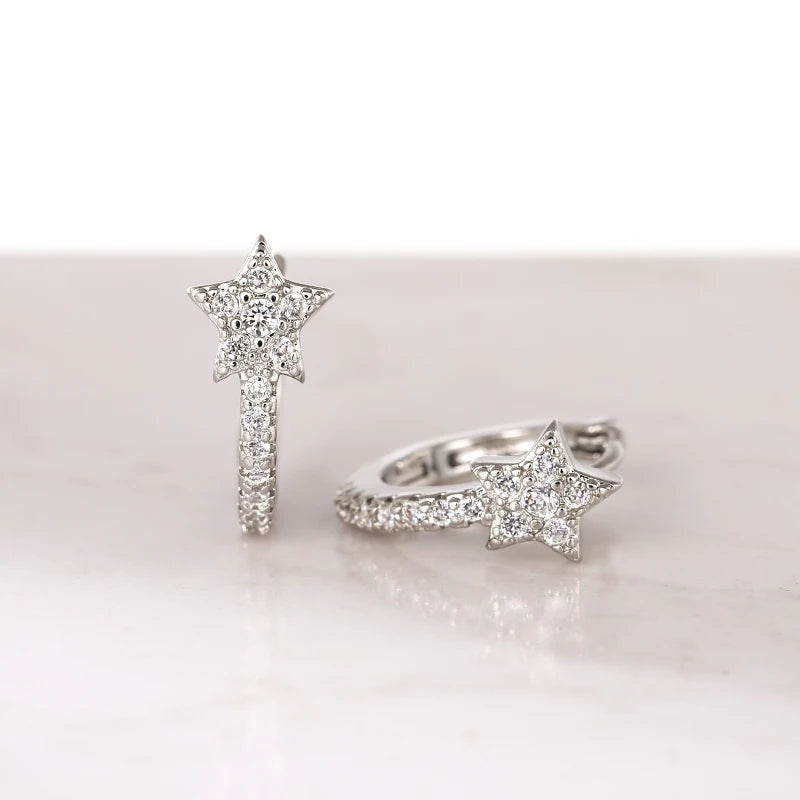 Dazzling CZ Star Charm Silver-Tone Hoop Earrings