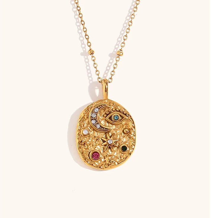 Retro Celestial Multi-Color Zircon Moon & Star Medallion Necklace