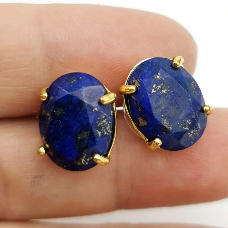 Gold Oval Faceted Natural Stone Stud Earrings