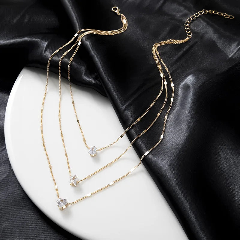 Radiant Zircon Multi-Layered Choker Pendant Necklace