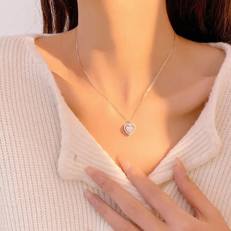 925 Sterling Silver Pink Zircon Heart Pendant Necklace