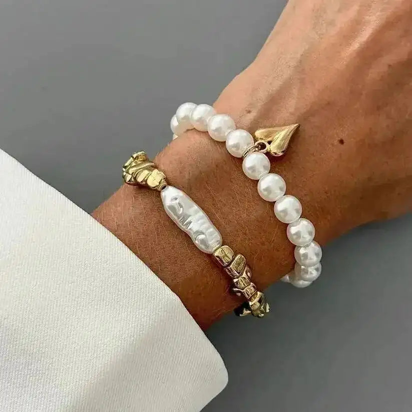 Isla Two-Piece Pearl and Heart Charm Bracelet Set