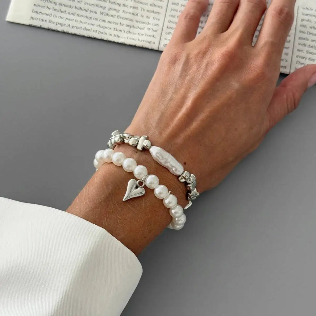 Isla Two-Piece Pearl and Heart Charm Bracelet Set