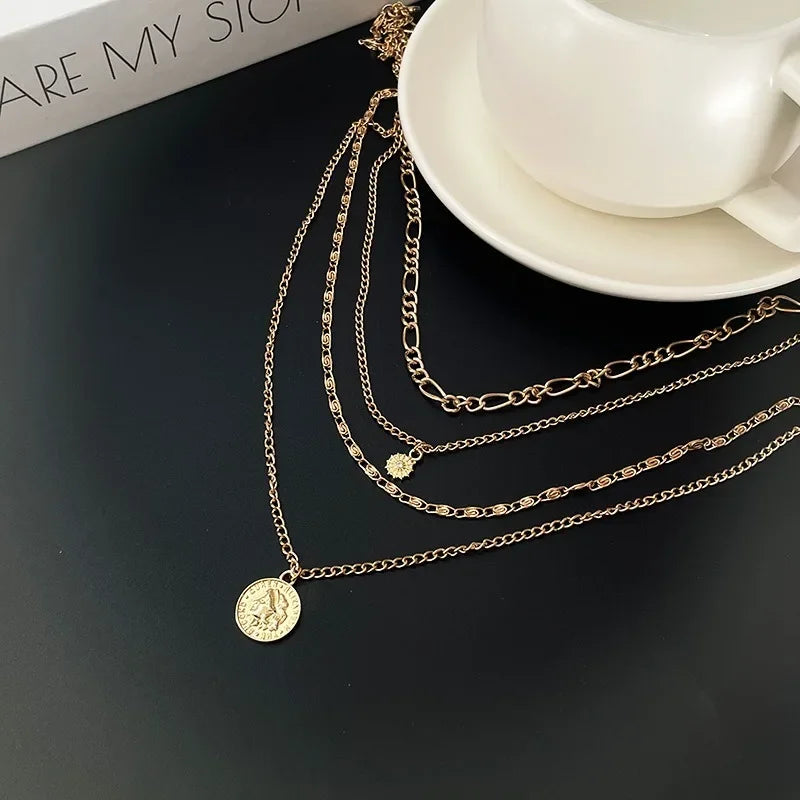 Three-Layer Coin Disc Bead Chain Necklace