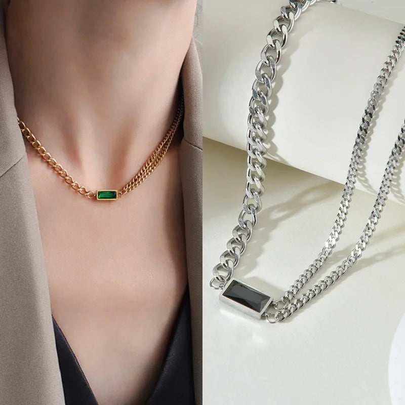 Vintage Gold Green Zircon Asymmetry Charm Necklace