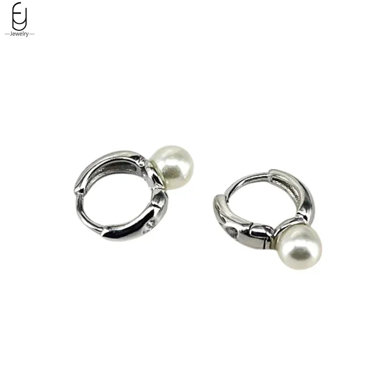 925 Silver Needle Pearl Huggie Hoop Earrings