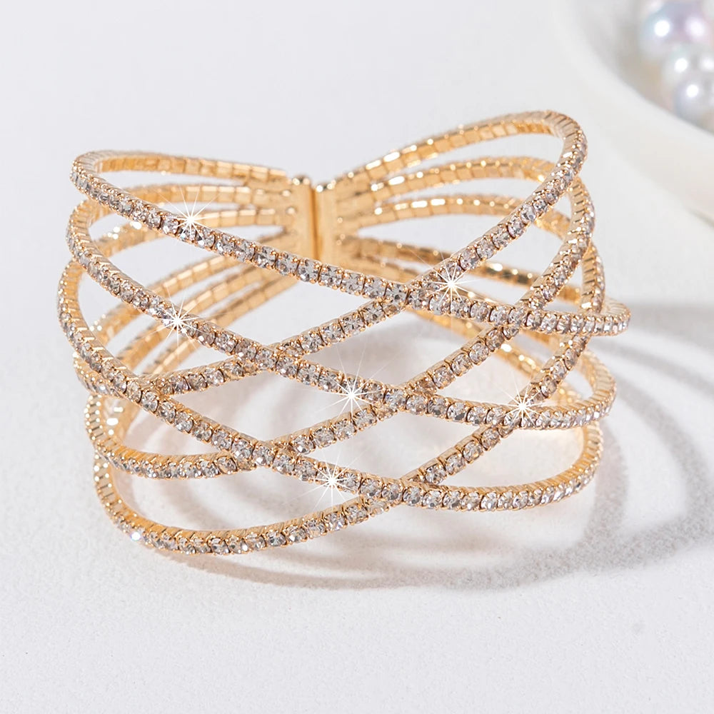 Vespera Six-Row Rhinestone Stretch Cuff Bangle
