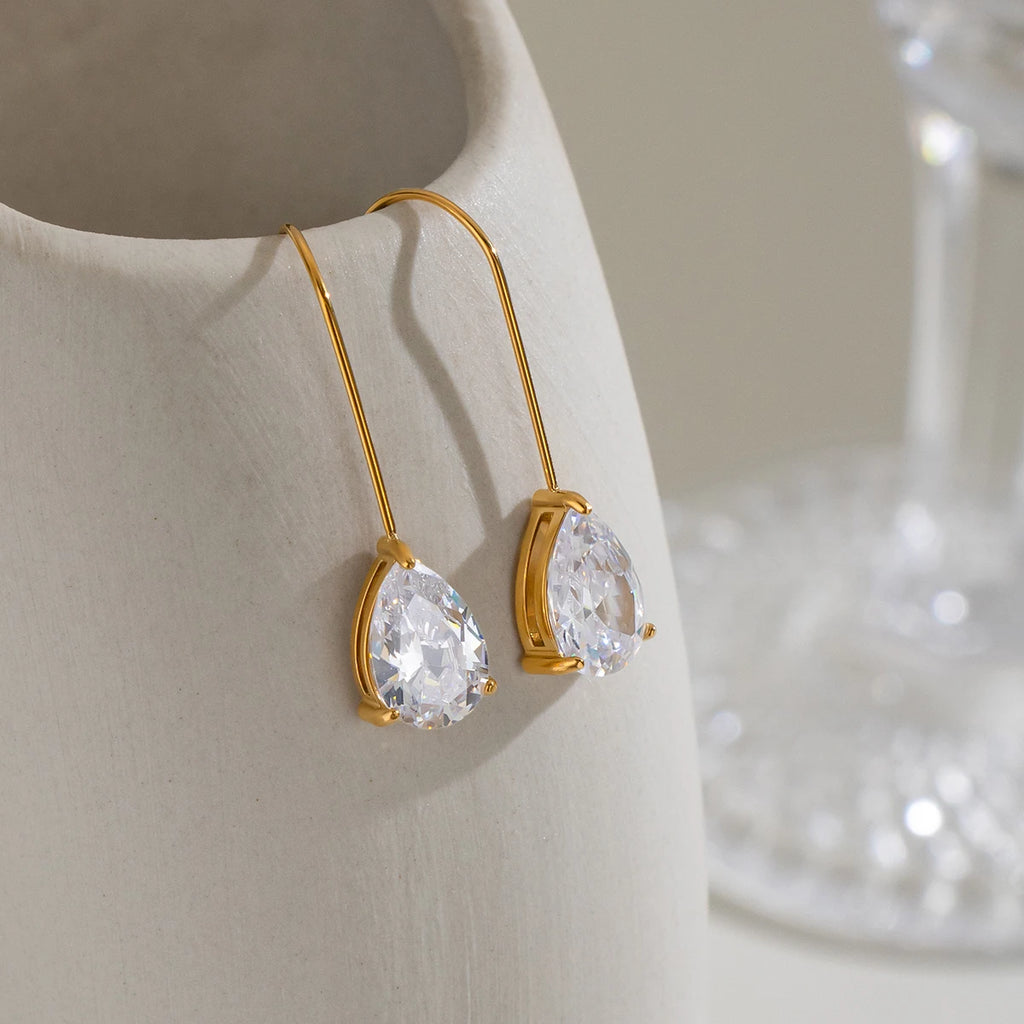 18K Gold PVD Stainless Steel Water Drop Zircon Wire Earrings