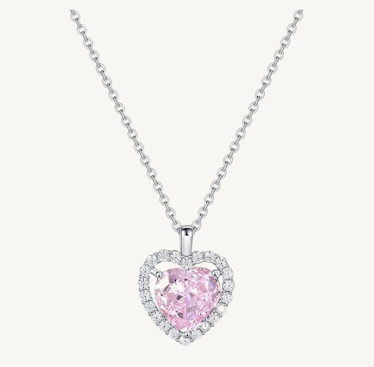 925 Sterling Silver Pink Zircon Heart Pendant Necklace