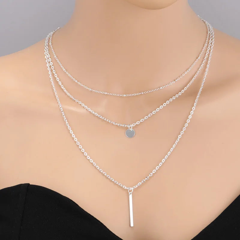Triple Tier Gold Hollow Triangle Drop Necklace