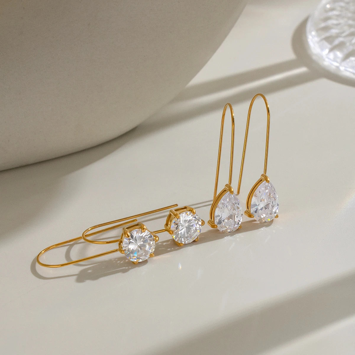 18K Gold PVD Stainless Steel Water Drop Zircon Wire Earrings