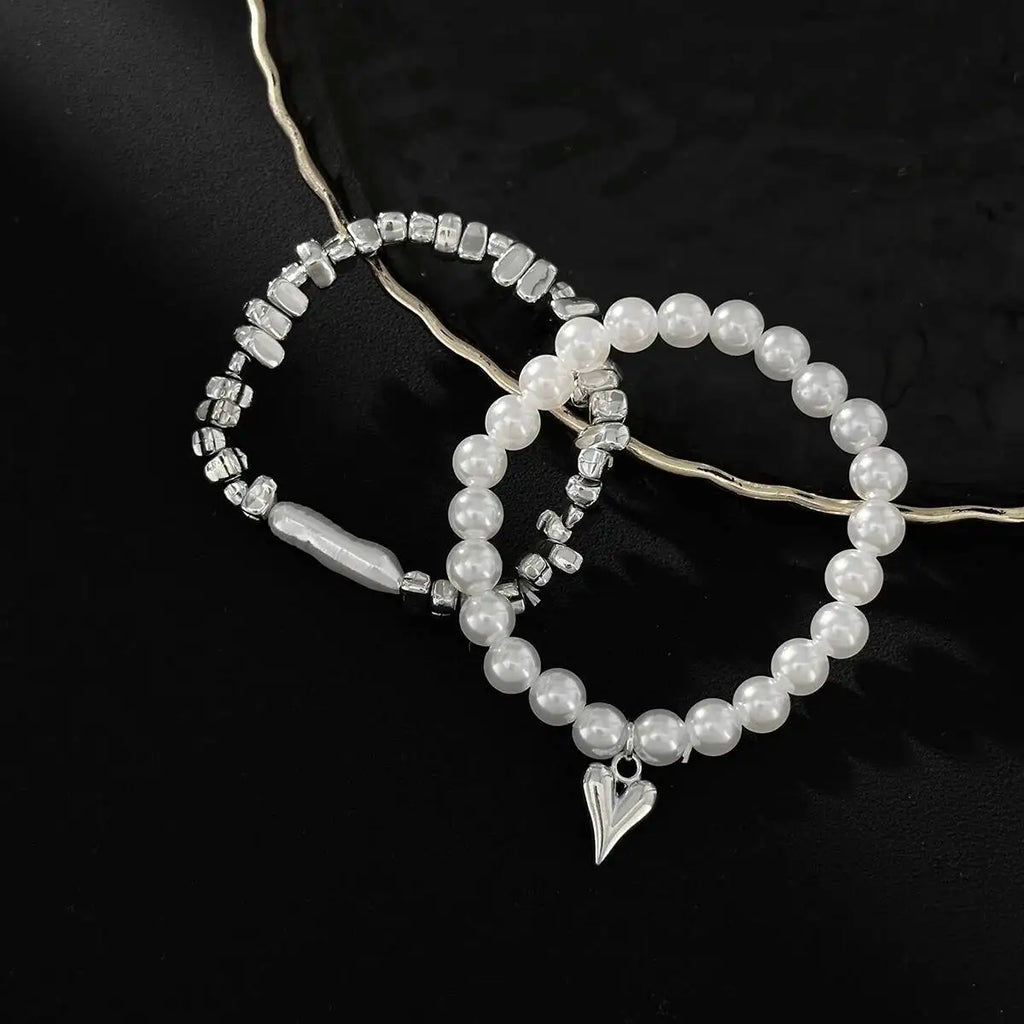 Isla Two-Piece Pearl and Heart Charm Bracelet Set