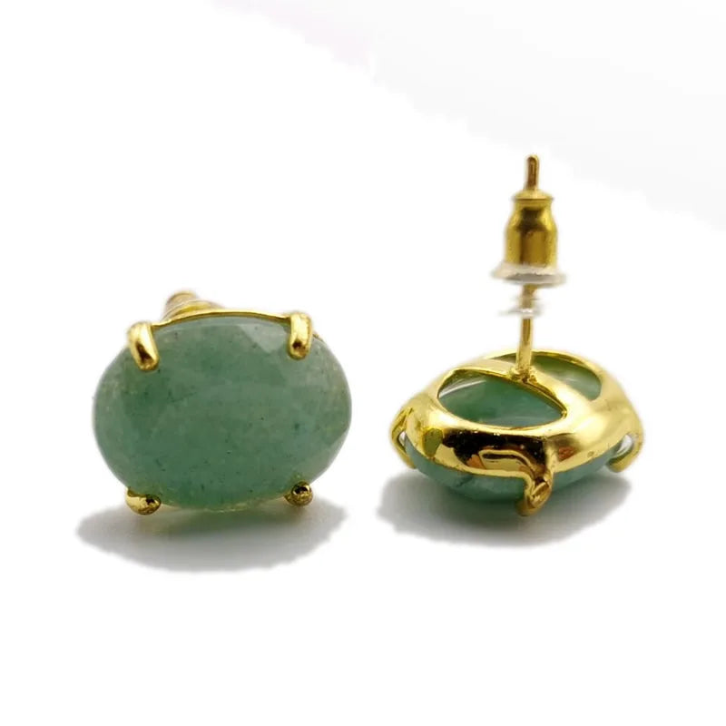 Gold Oval Faceted Natural Stone Stud Earrings