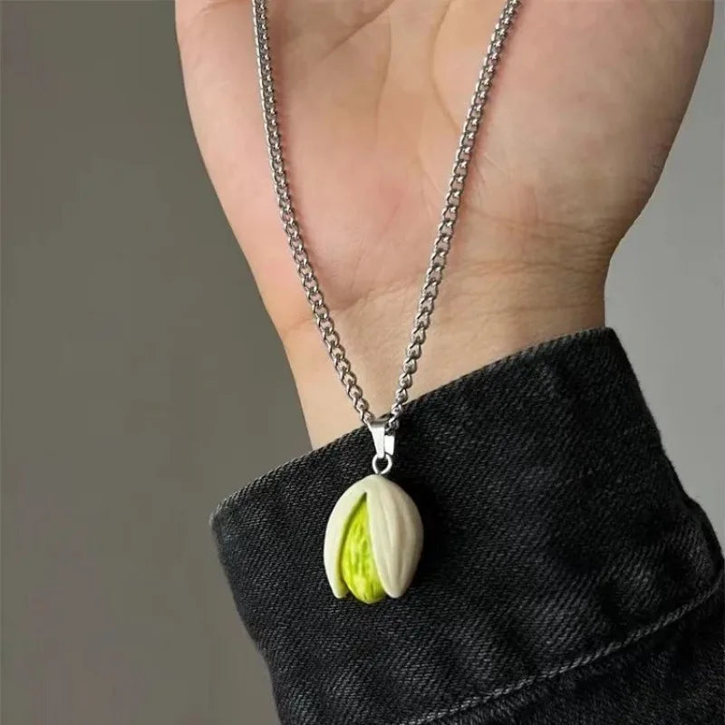 Sculpted Pistachio Nut Pendant Necklace