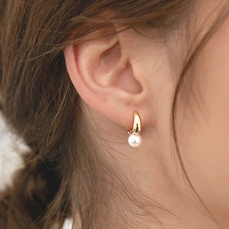 925 Silver Needle Pearl Huggie Hoop Earrings