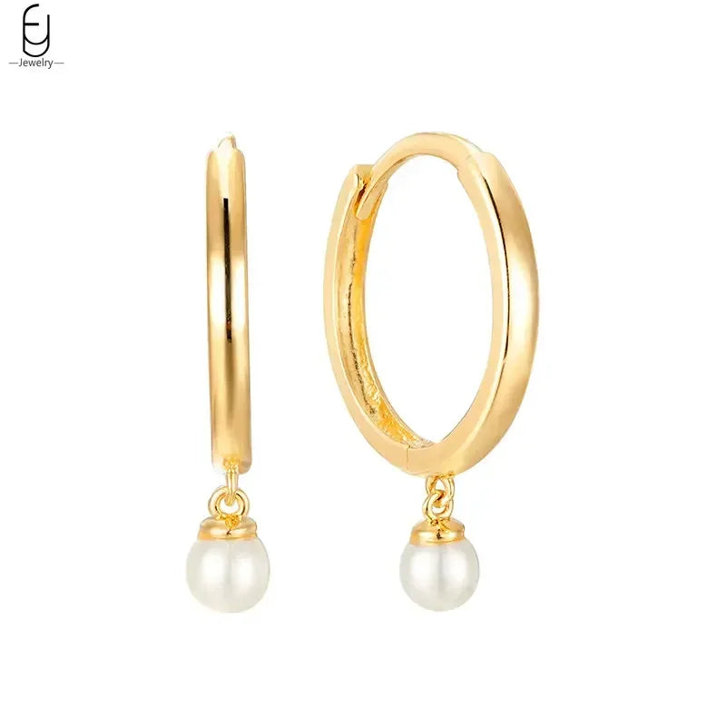 925 Silver Needle Pearl Huggie Hoop Earrings