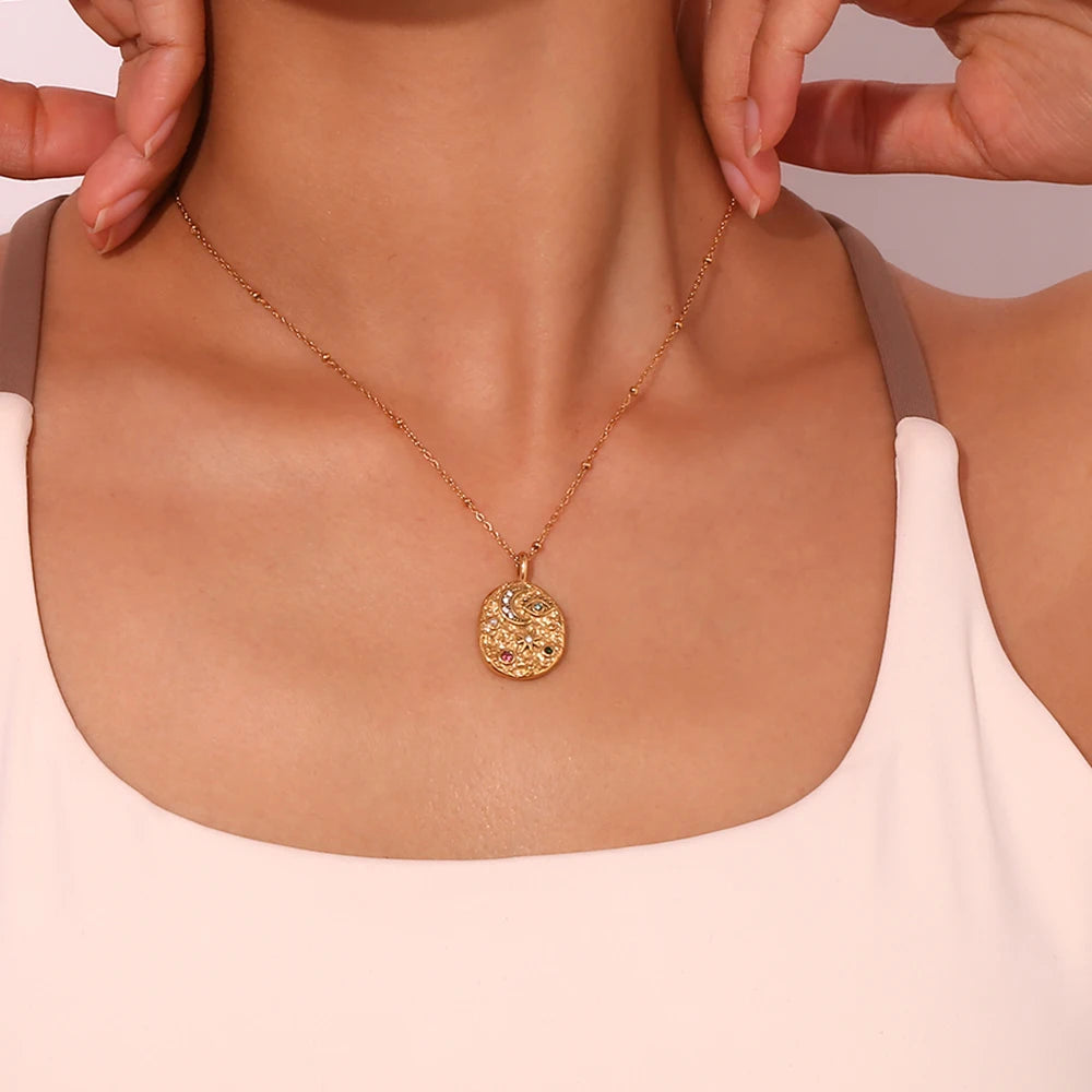 Retro Celestial Multi-Color Zircon Moon & Star Medallion Necklace