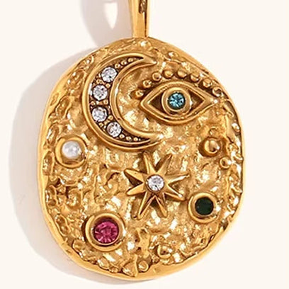 Retro Celestial Multi-Color Zircon Moon & Star Medallion Necklace