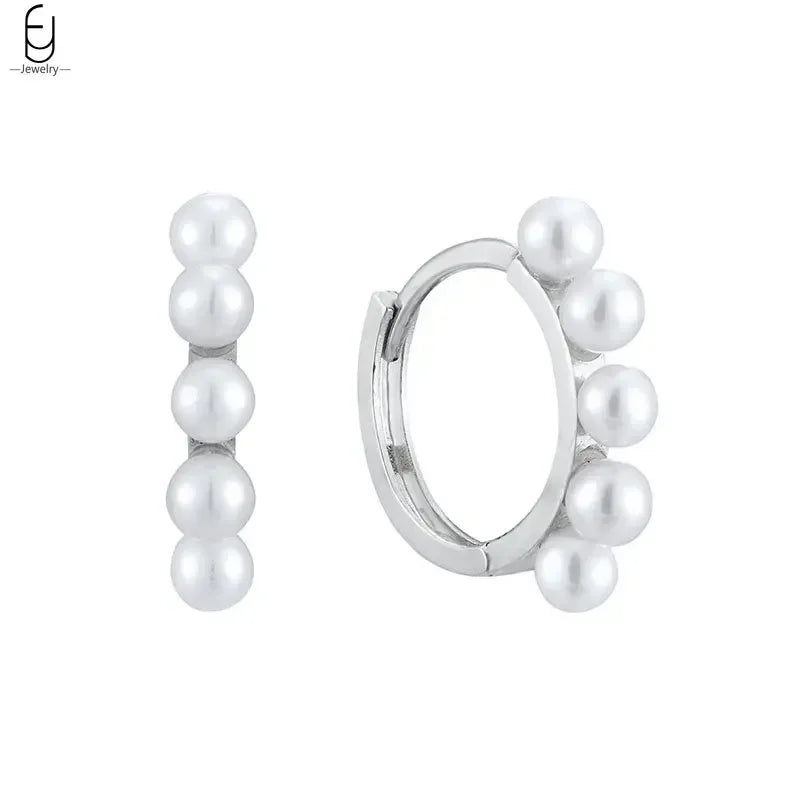 925 Silver Needle Pearl Huggie Hoop Earrings
