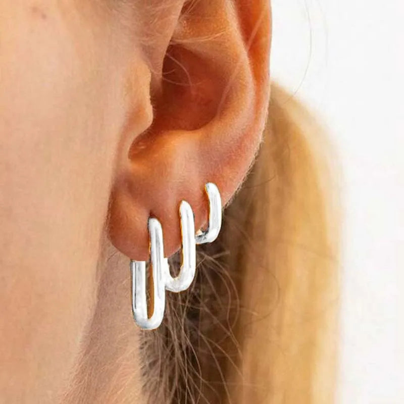 3-Pair Geometric Square Stainless Steel Hoop Earring Set