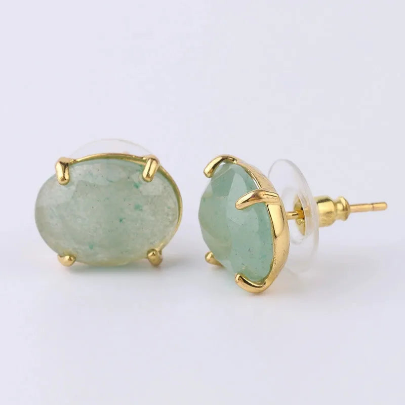 Gold Oval Faceted Natural Stone Stud Earrings