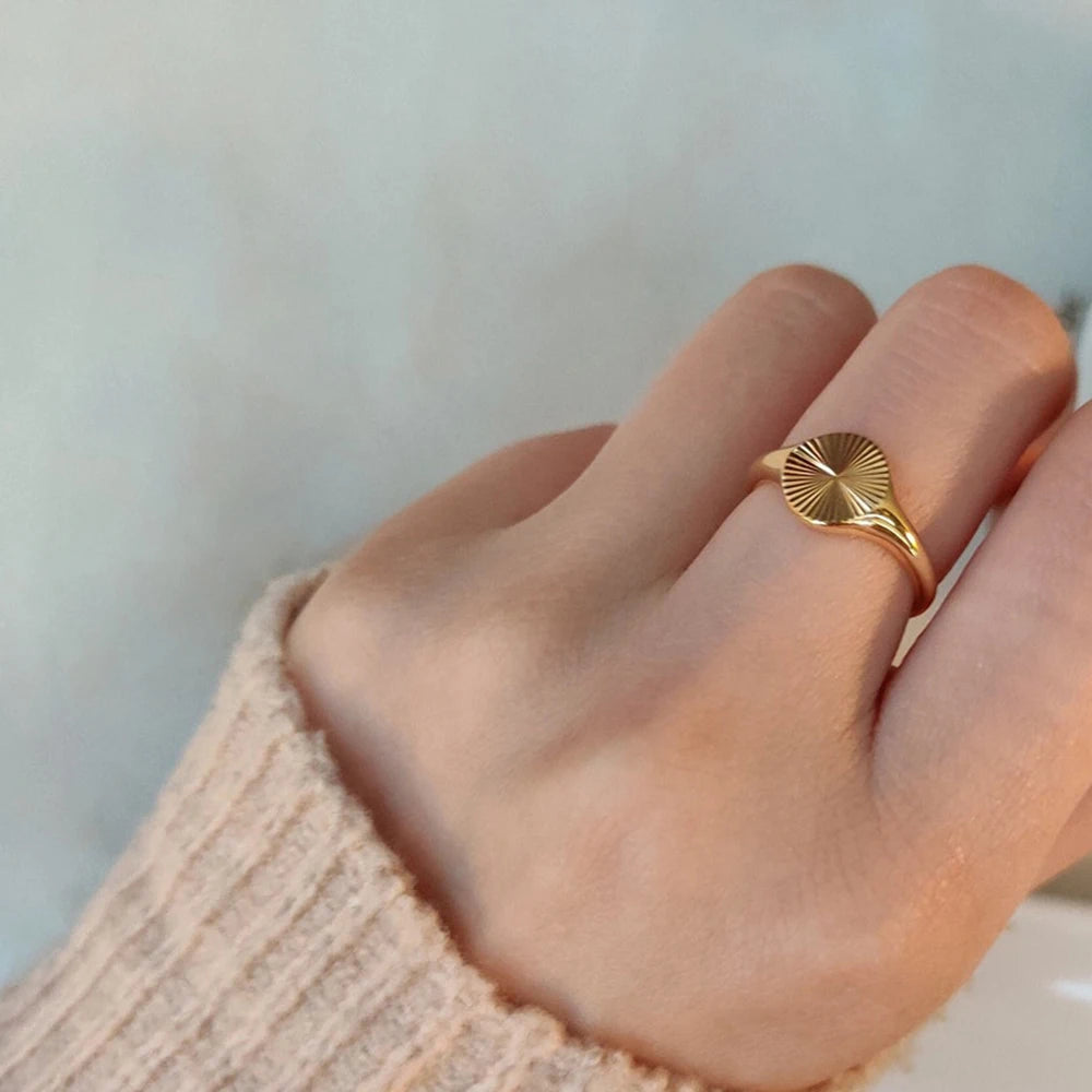 Chunky Dome Rays Texture Stainless Steel Signet Ring