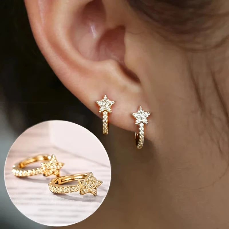 Dazzling CZ Star Charm Silver-Tone Hoop Earrings