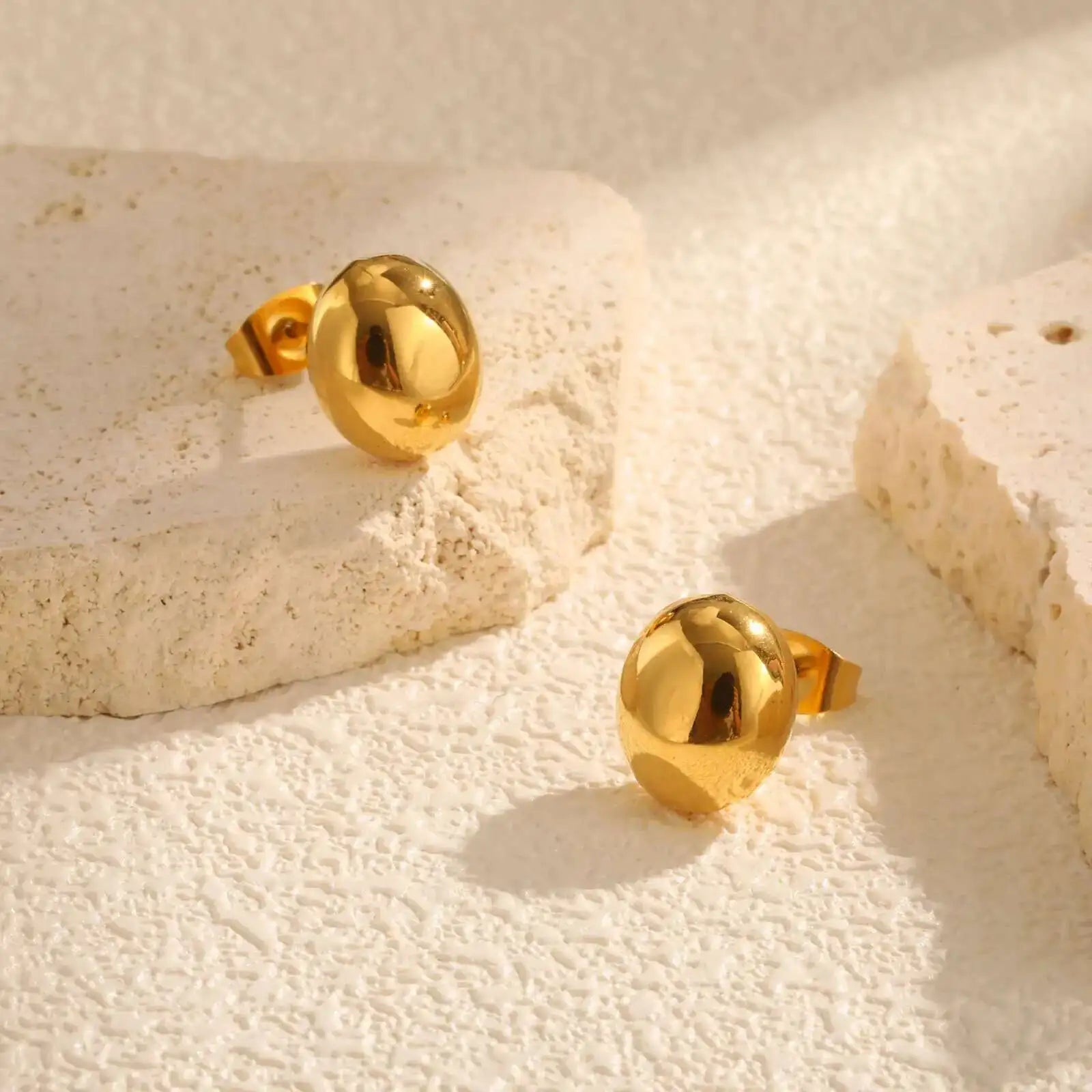 Oval Half-Ball Brushed Gold-Tone Button Earrings