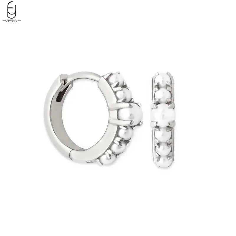925 Silver Needle Pearl Huggie Hoop Earrings
