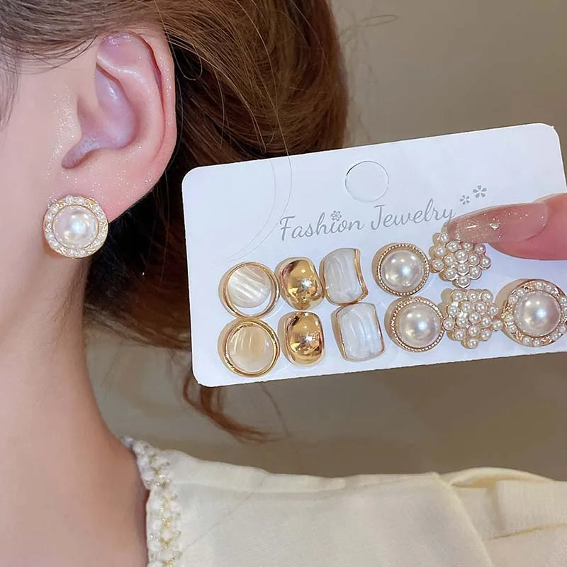 12-Piece Imitation Pearl & Geometric Earring Set