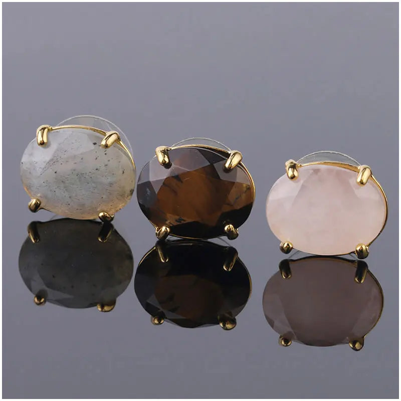 Gold Oval Faceted Natural Stone Stud Earrings