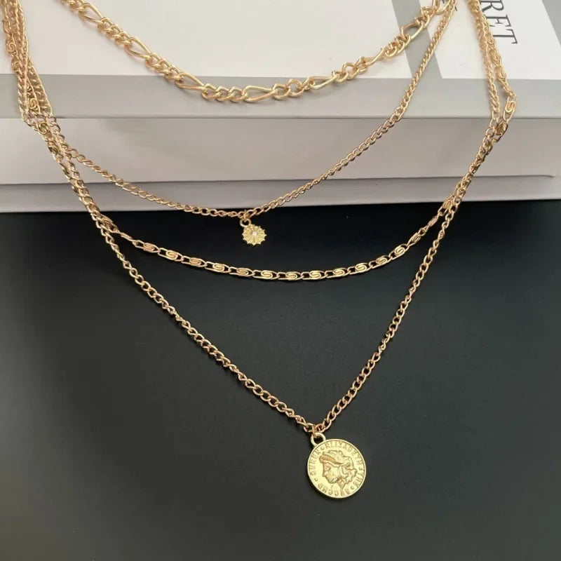 Three-Layer Coin Disc Bead Chain Necklace