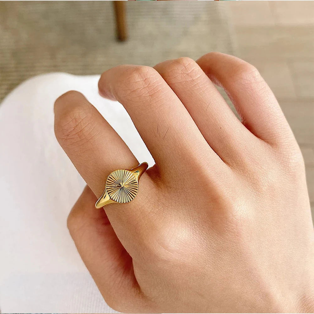 Chunky Dome Rays Texture Stainless Steel Signet Ring